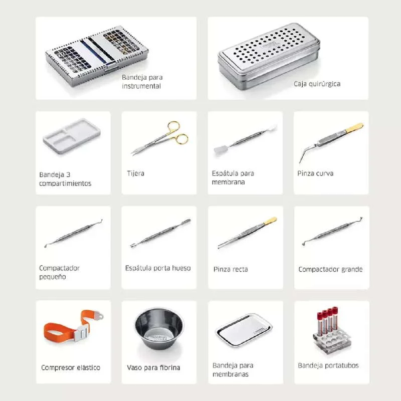 CGF Kit El kit patentado contiene todo el material para la recogida de muestras de sangre y los instrumentos necesarios para facilitar el procesamiento de los componentes sanguíneos sin ningún riesgo de contaminación. También incluye el instrumental necesario para crear membranas de fibrina y para manipular e insertar la matriz de fibrina en el lugar requerido de la forma más óptima.